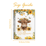 Personalised Cute Sunflower Highland Cow A5 Spiral Notebook with Name and 120 Lined Pages Daily Use Birthday Gift for Family Kids