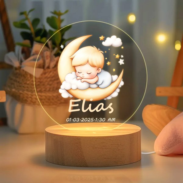 Personalisierte LED-Nachtlicht mit Baby auf dem Mond Namen und Wunschspruch Kinderzimmer Dekoration Jahrestag Geburtstag Geschenk für Jungen Mädchen