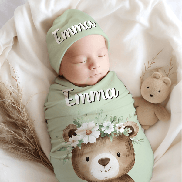 Personalized Cute Flower Wreath Animals 100% Cotton Swaddle Blanket and Hat Set with Name Birthday Baby Shower Gift for Newborns Babies