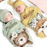 Personalized Cute Flower Wreath Animals 100% Cotton Swaddle Blanket and Hat Set with Name Birthday Baby Shower Gift for Newborns Babies