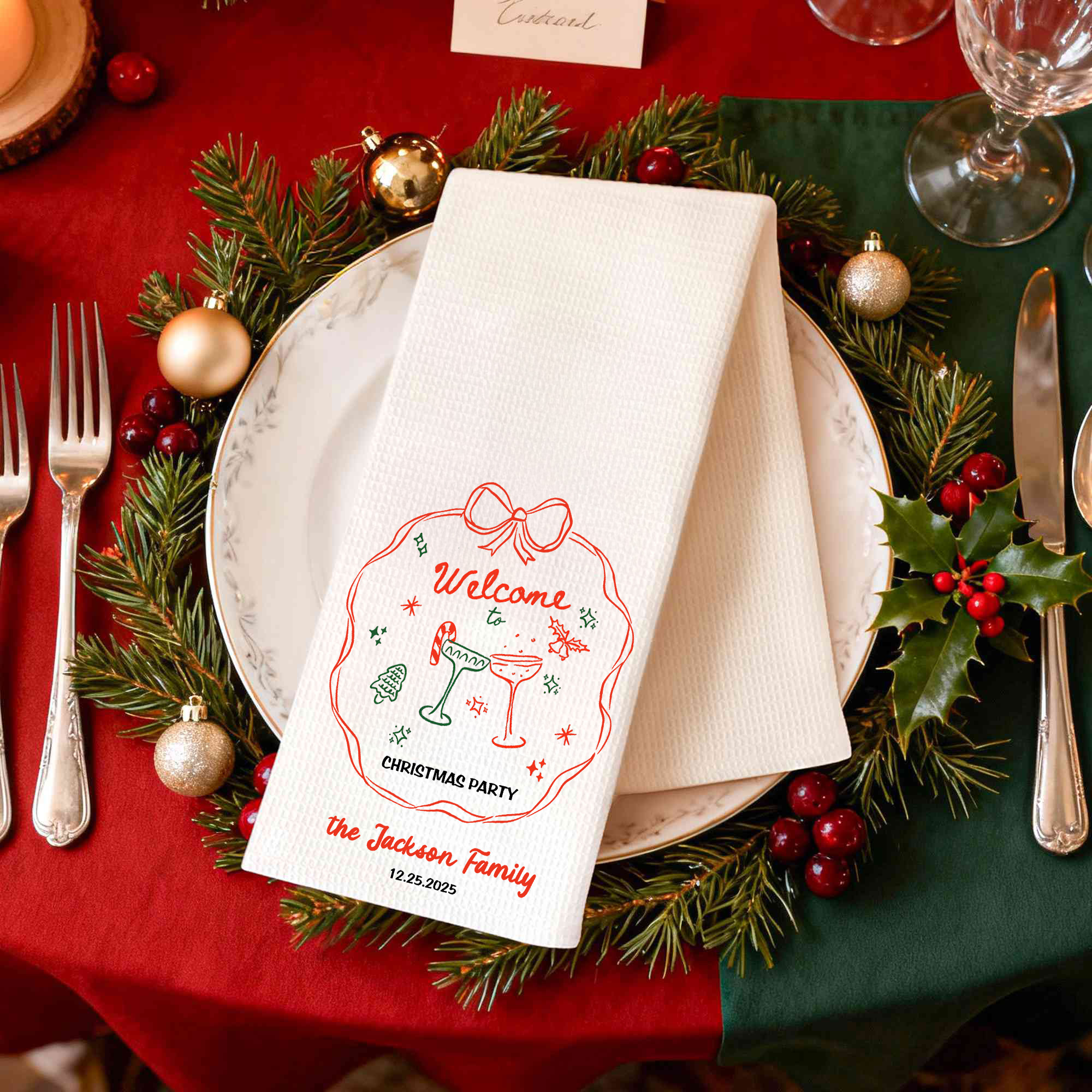 Torchon gaufré 100% coton avec nom de famille Décoration de cuisine Cadeau de Noël pour la famille et les amis