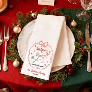 Personalized Welcome Christmas Party Christmas Tree Bell 100% Cotton Waffle Tea Towel with Surname Kitchen Decor Christmas Gift for Family Friend