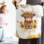 Personalized Cute Sunflower Highland Cow Large Waterproof Storage Laundry Basket with Name and Handle Daily Use Birthday Gift for Kids