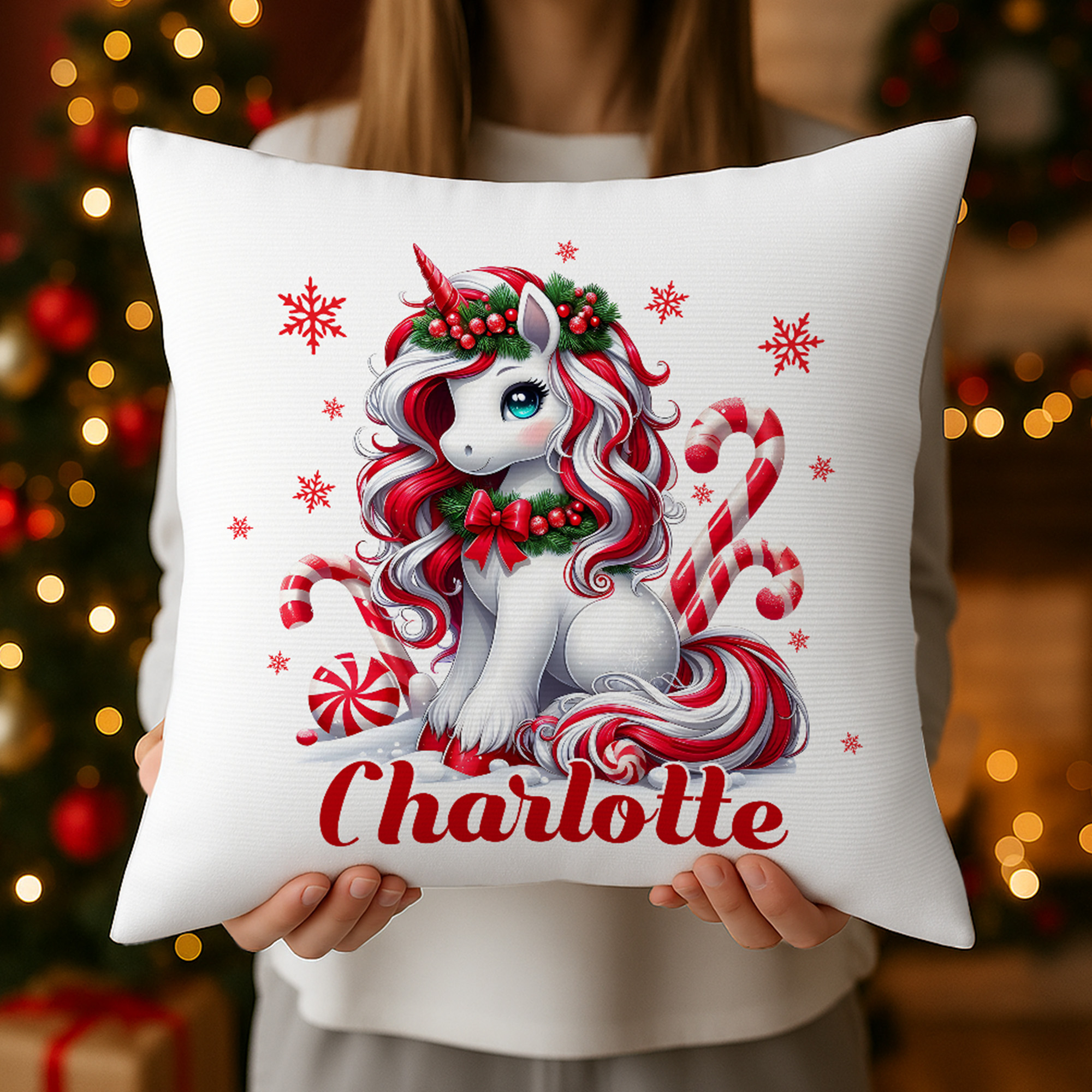 Taie d'oreiller fantaisie Licorne Candy Cane Snowflake personnalisée avec nom Décoration maison Anniversaire Noël Cadeau pour enfants