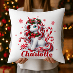 Personalised Fantasy Unicorn Sweets Cane Snowflake Cushion Cover with Name Home Decor Birthday Christmas Gift for Kids