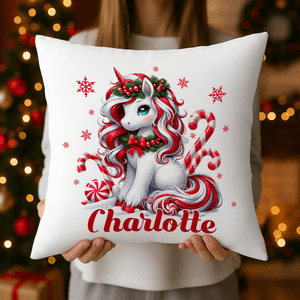 Personalized Fantasy Unicorn Sweets Cane Snowflake Throw Pillow Cover with Name Home Decor Birthday Christmas Gift for Kids