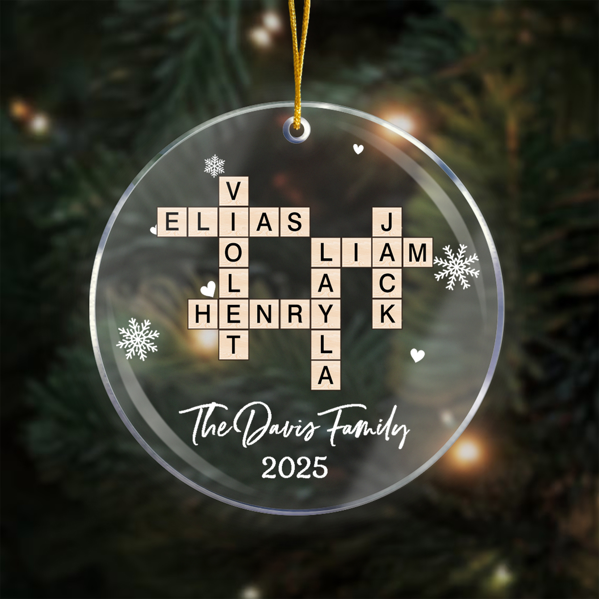 Flocon de neige personnalisé Mots croisés Art Acrylique Ornement de Noël avec texte et année Décoration de l'arbre de Noël Cadeau de Noël pour la famille et les amis