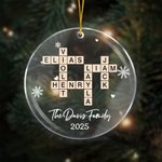 Gepersonaliseerd sneeuwvlok kruiswoordraadsel kunst acryl kerstornament met tekst en jaar Home Tree Decor kerstcadeau voor familie vrienden