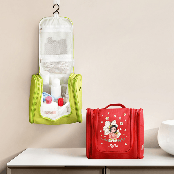 Personalized Flying Birth Flower Cartoon Girl Portable Waterproof Hanging Toiletry Bag with Name and Mirror Travel Birthday Gift for Women Girls