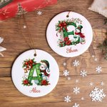Personalized Snowman Poinsettia Initial Ceramic Christmas Ornament with Name Tree Decor Christmas Gift for Family Friends