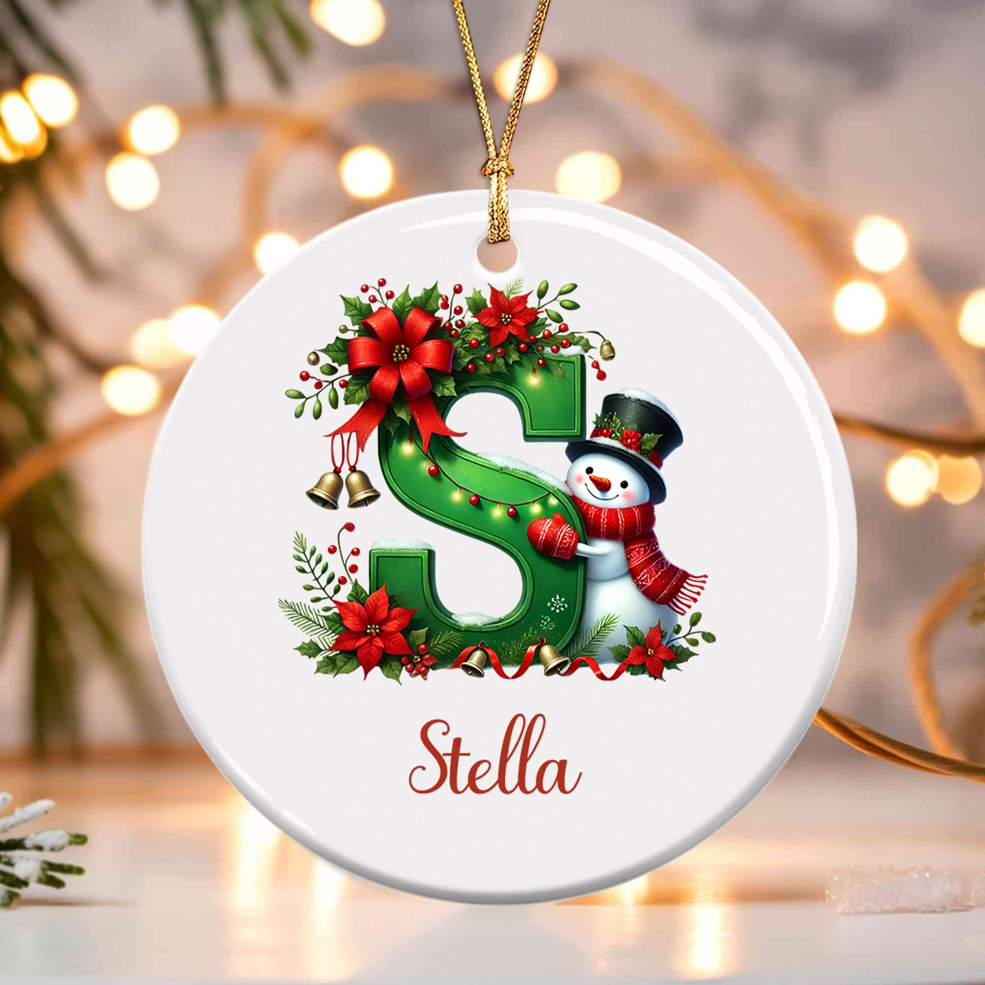Bonhomme de neige personnalisé Poinsettia Initial Ornement de Noël en céramique avec nom Décoration de l'arbre Cadeau de Noël pour la famille Amis
