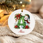 Personalized Snowman Poinsettia Initial Ceramic Christmas Ornament with Name Tree Decor Christmas Gift for Family Friends