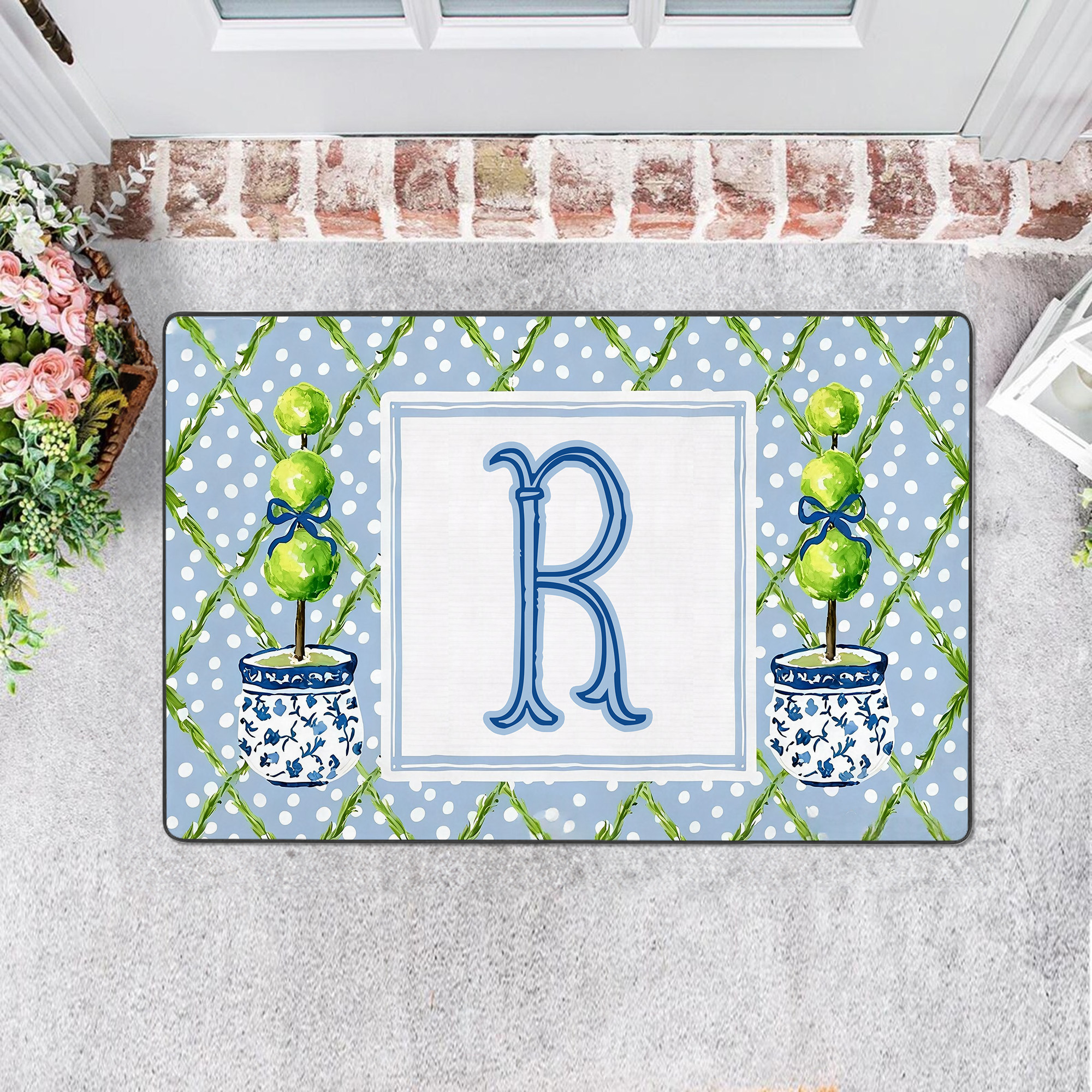 Paillasson personnalisé Chinoiserie Initial Bleu Blanc Décoration Maison Pendaison de crémaillère Cadeau d'anniversaire pour la famille Amis