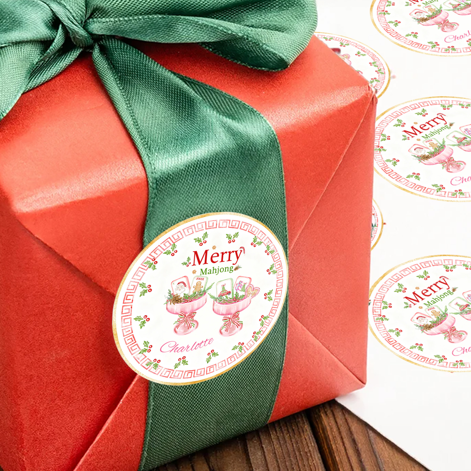 Personalizzato Merry Mahjong Cocktail Adesivi impermeabili con nome Regalo Decor Festa di Natale Favore per gli amanti del Mahjong Giocatori