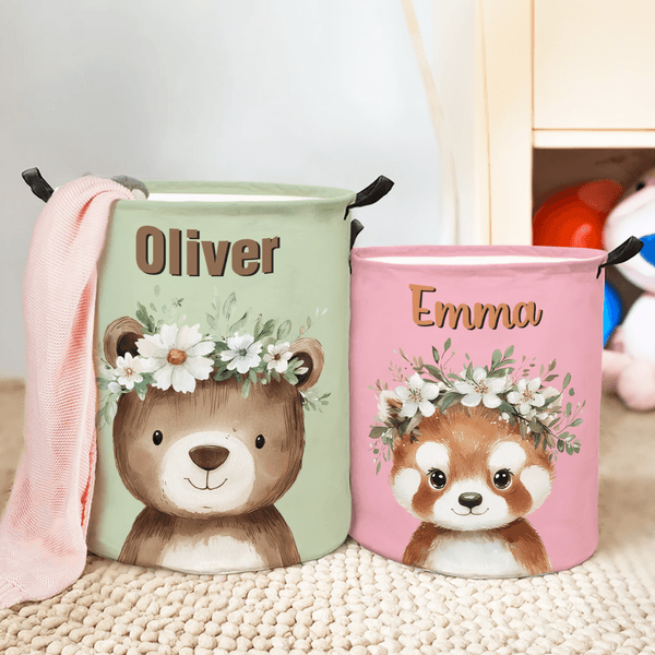 Personalized Cute Cartoon Animal Flower Waterproof Laundry Basket with Name Birthday Christmas Gift for Kids