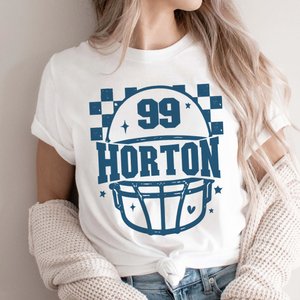 Personalized Football Checkered Helmet T-shirt Sweatshirt Hoodie with Name and Number Daily Wear Game Day Christmas Gift for Football Players Lovers