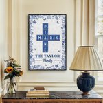 Personalisierte blaue florale Familie Kreuzworträtsel Kunst Poster rahmenlose gerahmte Malerei mit Namen und Text Wanddekoration Geburtstagsgeschenk für Familien