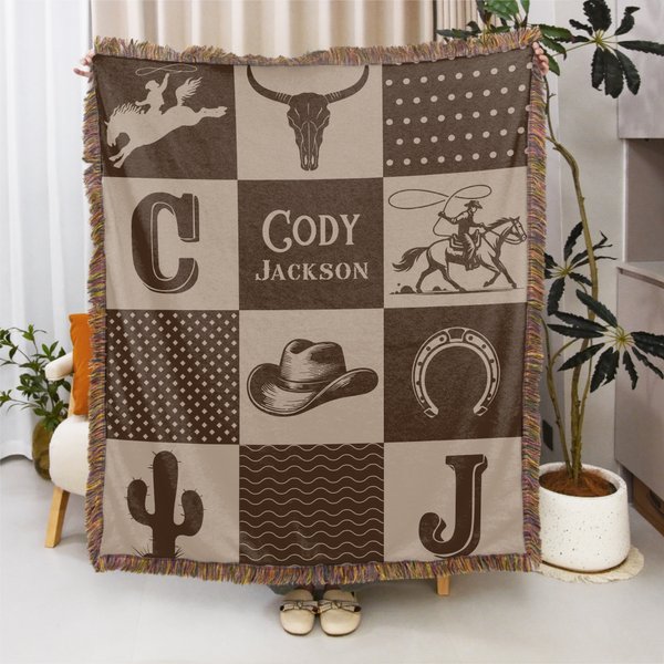 Personalised Western Cowboy Plaid Soft Baby Blanket with Name and Tassels Birthday Baby Shower Gift for Newborns New Parents