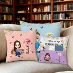 Personalised Birth Flower Cartoon Reading  Character Multicolour Cushion Cover with Name Home Decor Birthday Gift for Family Bookworms