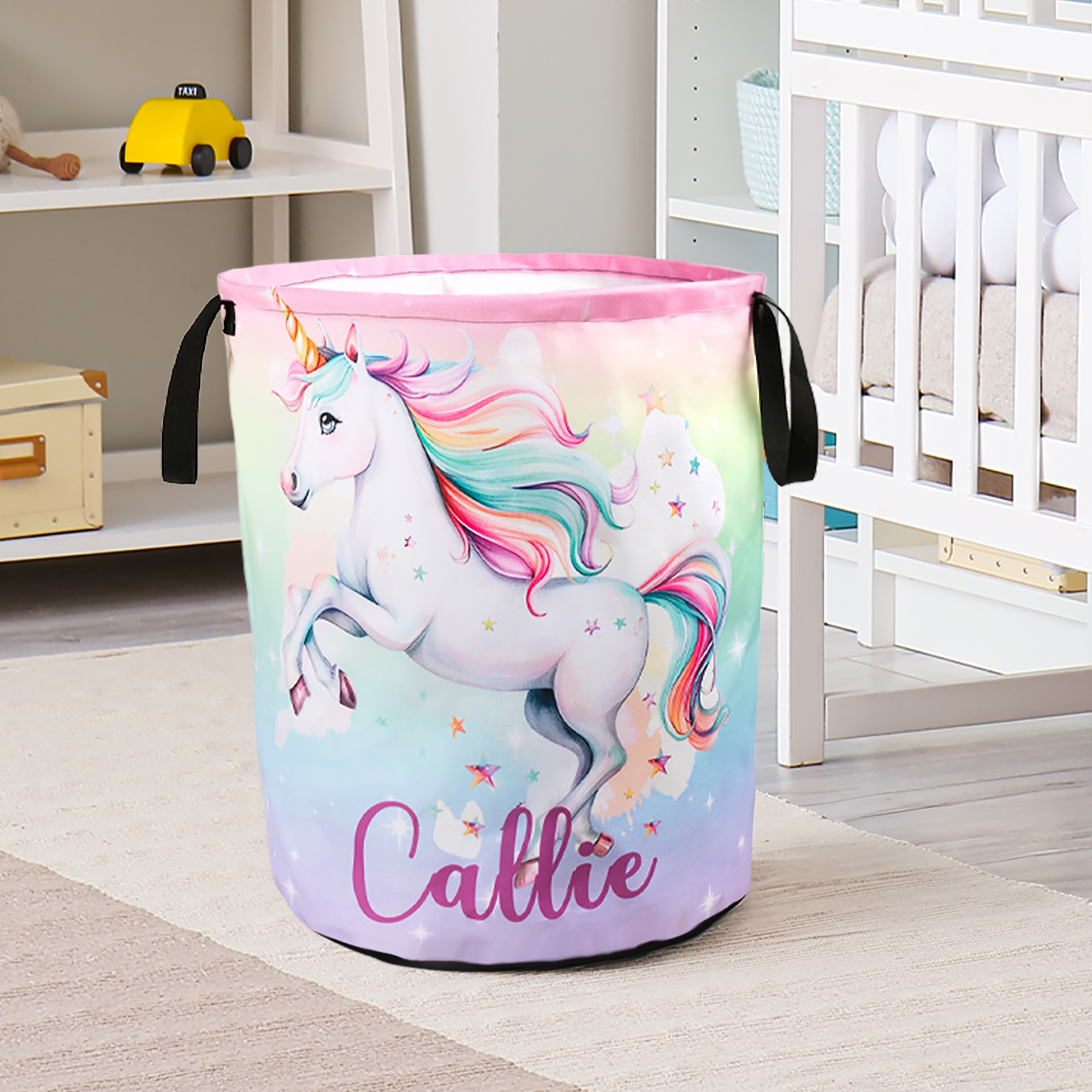 Panier à Linge Personnalisé avec Nom à Motif Licorne Accessoire de Maison en Tissu Oxford Imperméable Cadeau Emménagement pour Enfant