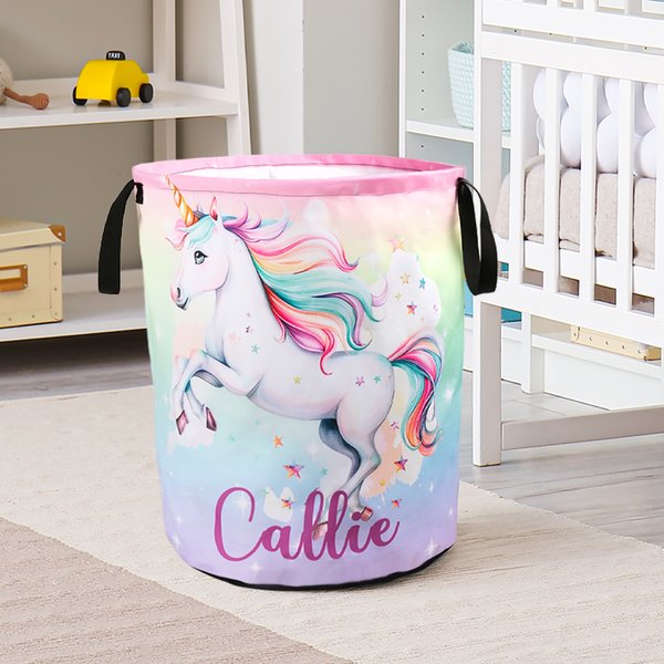 Personalized Fantasy Unicorn Name Large Toy Laundry Basket with Handle Waterproof Nursery Decoration Housewarming Gift for Kids
