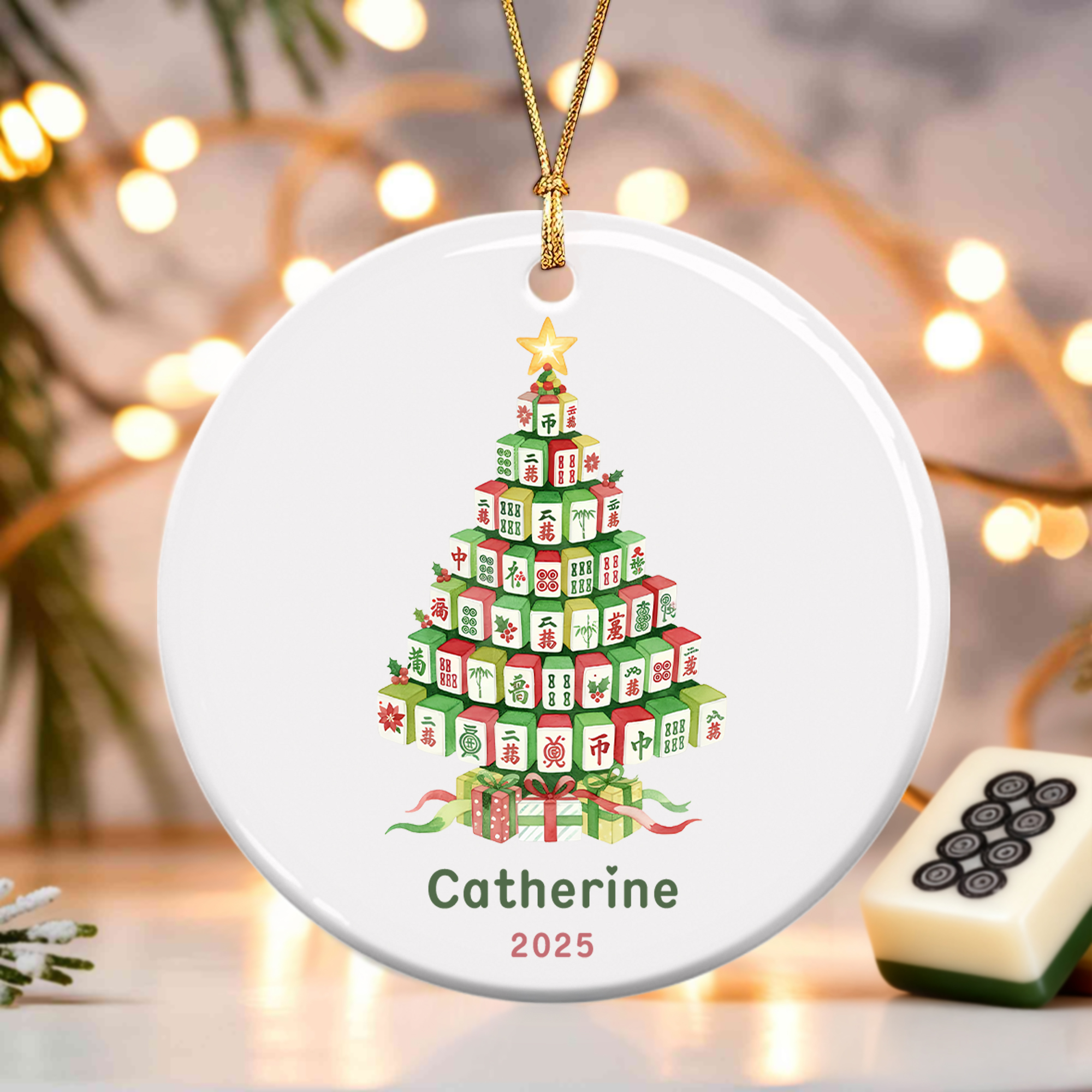 Albero di Natale Mahjong personalizzato in ceramica con nome e anno Regalo di Natale decorativo per la famiglia e gli amici appassionati di Mahjong