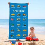 Gepersonaliseerde Multicolour Bouwvrachtwagen Graafmachine Bulldozer Oversized Sneldrogende Strandhanddoek met Tekst Verjaardagscadeau voor Jongens Meisjes Truck Lovers