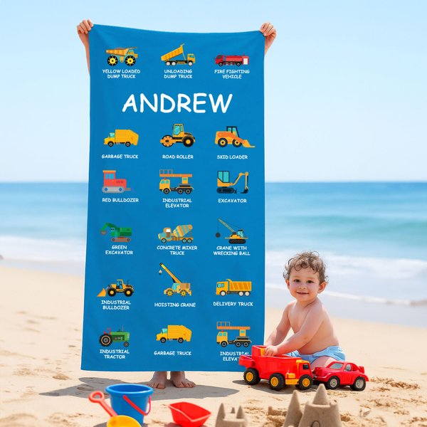 Gepersonaliseerde Multicolour Bouwvrachtwagen Graafmachine Bulldozer Oversized Sneldrogende Strandhanddoek met Tekst Verjaardagscadeau voor Jongens Meisjes Truck Lovers