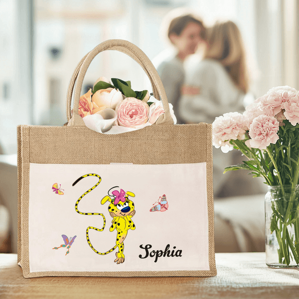 Personalized Cute Tail-Bouncing Marsupilami Jute Tote Bag with Name Birthday Christmas Gift for Friends | Callie × Marsupilami®