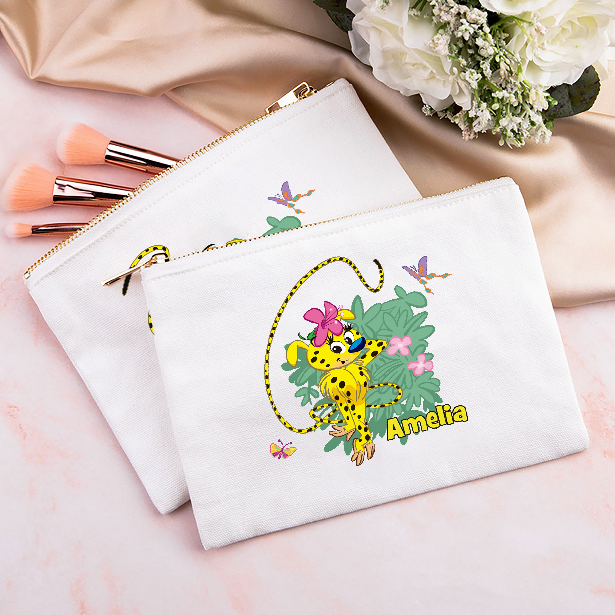 Trousse de maquillage personnalisée Marsupilami avec nom Cadeau d'anniversaire de Noël pour les femmes Amies | Callie × Marsupilami®.