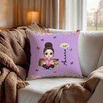 Personalised Birth Flower Cartoon Reading  Character Multicolour Cushion Cover with Name Home Decor Birthday Gift for Family Bookworms
