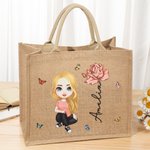 Personalized Cute Cartoon Character Large Capacity Jute Tote Bag with Birth Flower and Name Mother's Day Birthday Gift for Women Girls