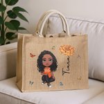 Personalized Cute Cartoon Character Large Capacity Jute Tote Bag with Birth Flower and Name Mother's Day Birthday Gift for Women Girls