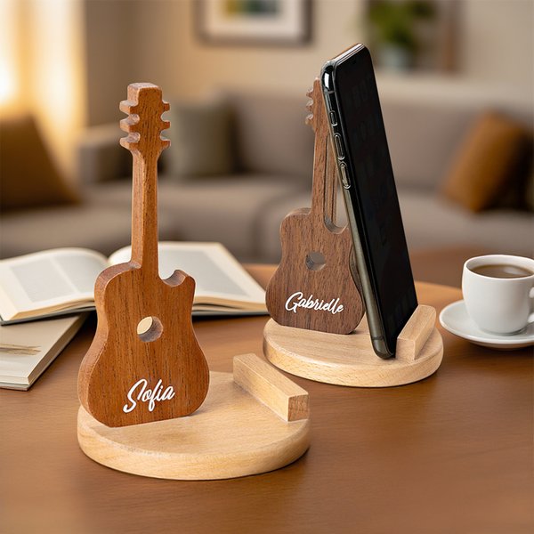 Personalized Retro Guitar Shaped Wooden Phone Table Stand with Engraved Name Desk Decor Birthday Gift for Guitar Lover