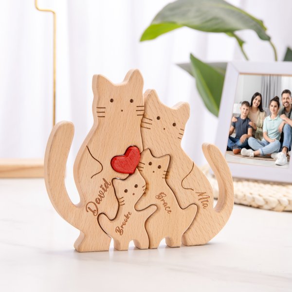 Personalisiertes Niedliches Katzen-Familie Holzpuzzle mit 2-7 Namen Liebe Umarmung Haus Deko Muttertag Geburtstag Jahrestag Geschenk für Familie