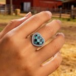 Personalized Western Style Checkered Turquoise Inspiration Heart-Shaped Ring with Engraved Name Christmas Birthday Anniversary Gift for Woman