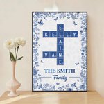 Personalisierte blaue florale Familie Kreuzworträtsel Kunst Poster rahmenlose gerahmte Malerei mit Namen und Text Wanddekoration Geburtstagsgeschenk für Familien