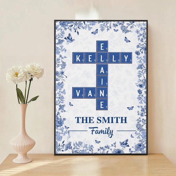 Personalized Blue Floral Family Crossword Art Poster Frameless Framed Painting with Name and Text Wall Decor Birthday Gift for Families