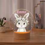 Personalized Cute Cartoon Animal Floral Wreath Acrylic LED Night Light with Name and Wooden Base Birthday Christmas Gift for Kids