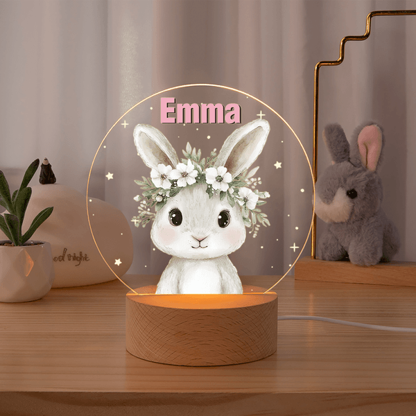 Personalized Cute Cartoon Animal Floral Wreath Acrylic LED Night Light with Name and Wooden Base Birthday Christmas Gift for Kids