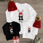 Henkilökohtainen Monivärinen Poro sarvet Santa Hat Initial Lapset Aikuiset Sweatshirt nimi joulu ilta asu lahja perheelle