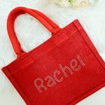 Personalised Bling Rhinestone Name Large Red Jute Tote Bag Daily Use Birthday Christmas Gift for Family Friends
