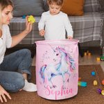 Cesto para la ropa personalizado con nombre de unicornio de fantasía y asa impermeable Decoración de cuarto de niños Regalo de inauguración de la casa para niños