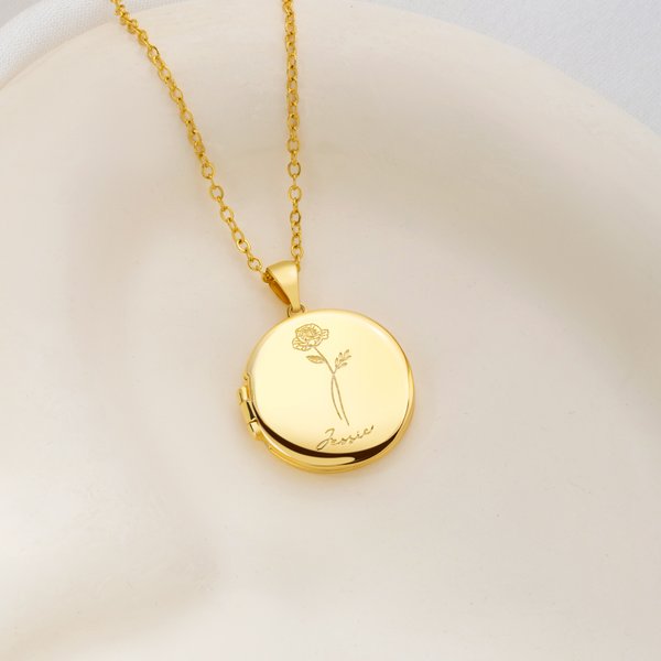 Personalized 1-5 Birth Flowers Locket Necklace with Engraved Name and 2 Photos Dainty Jewelry Anniversary Birthday Gift for Women