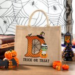Personalized Cartoon Character Pumpkin Design Trick or Treat Candy Jute Tote Bag with Initial & Name Halloween Party Favors Gift for Kids