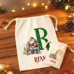 Personalised Santa Claus Canvas Drawstring Gift Bag with Name and Initial Christmas Gift for Kids Family