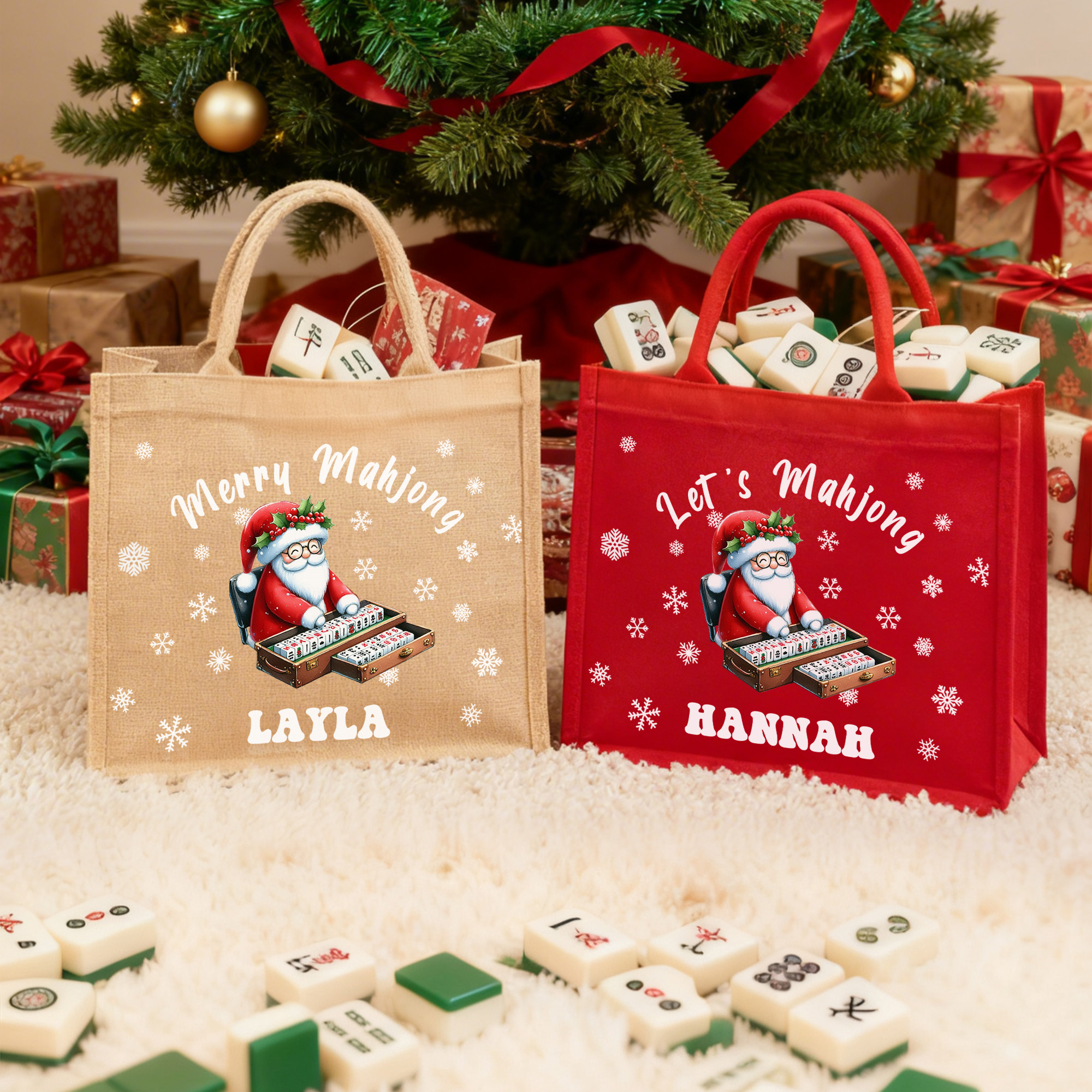 Personalizzato Merry Mahjong Santa Claus Grande Borsa in iuta con nome Uso quotidiano Regalo di Natale per la famiglia, gli amici e gli appassionati d
