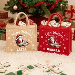 Personalised Merry Mahjong Santa Claus Large Jute Tote Bag with Name Daily Use Christmas Party Gift for Family Friends Mahjong Enthusiasts