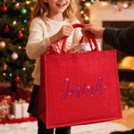 Personalised Bling Rhinestone Name Large Red Jute Tote Bag Daily Use Birthday Christmas Gift for Family Friends