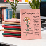 Personalized God Says Birth Flower Bible Verse A5 Notebook with Name Christmas Birthday Gift for Women Christians